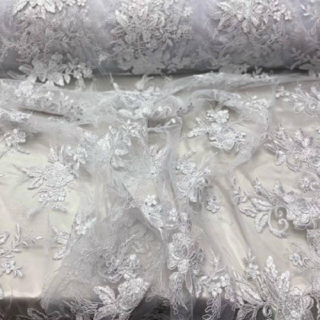 1 Yard White Sequin Lace Fabric with Embroidered Mesh and Scalloped Edges 51" Width